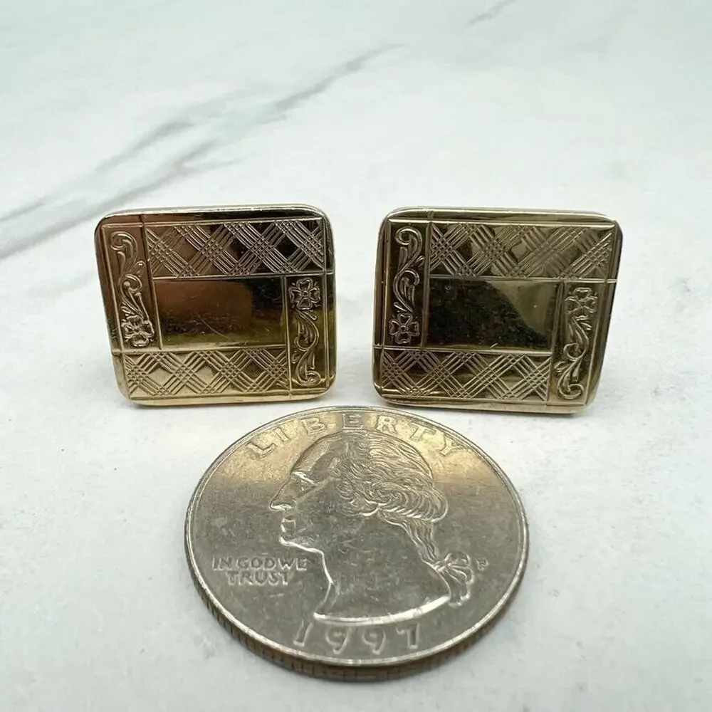 Vintage Gold Tone Floral Vine Scroll Engraved Etched Cufflinks